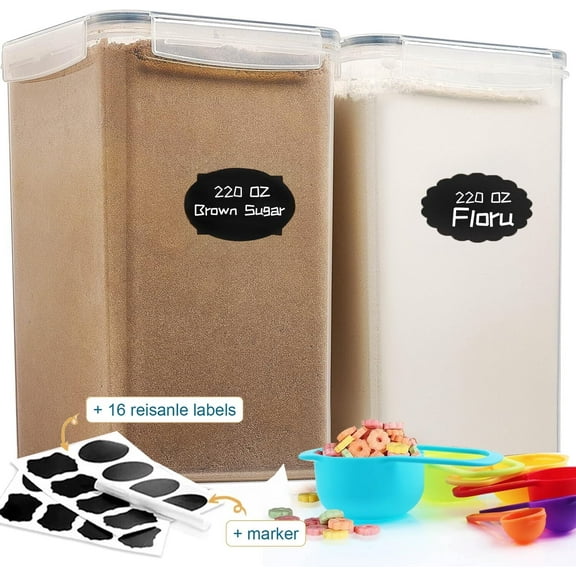 Large Airtight Food Storage Containers with Lids, Plastic Airtight Canisters for Flour, Sugar, Rice, Food Storage for Kitchen Pantry Organization 2 Pcs Set 6.5L / 219.79fl oz, BPA Free