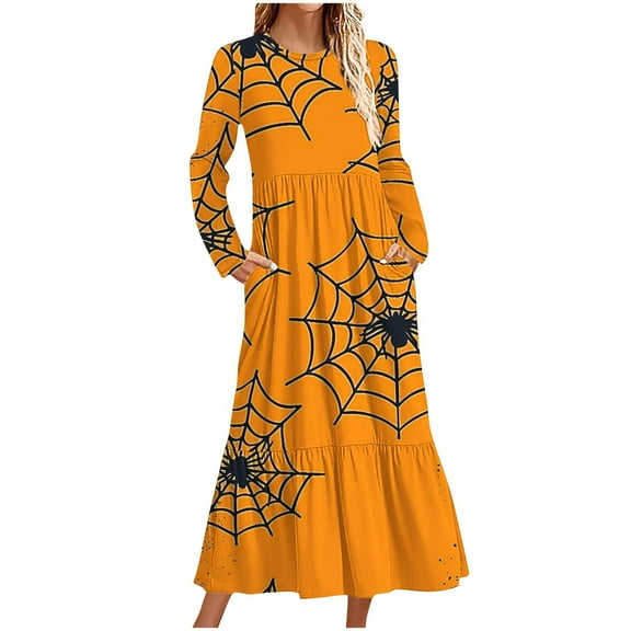 WXLWZYWL Womens Halloween Dress Plus Size Womens Dresses Fall 2024 Floral Printed Long Dress Long Sleeve Round Neck Sundress