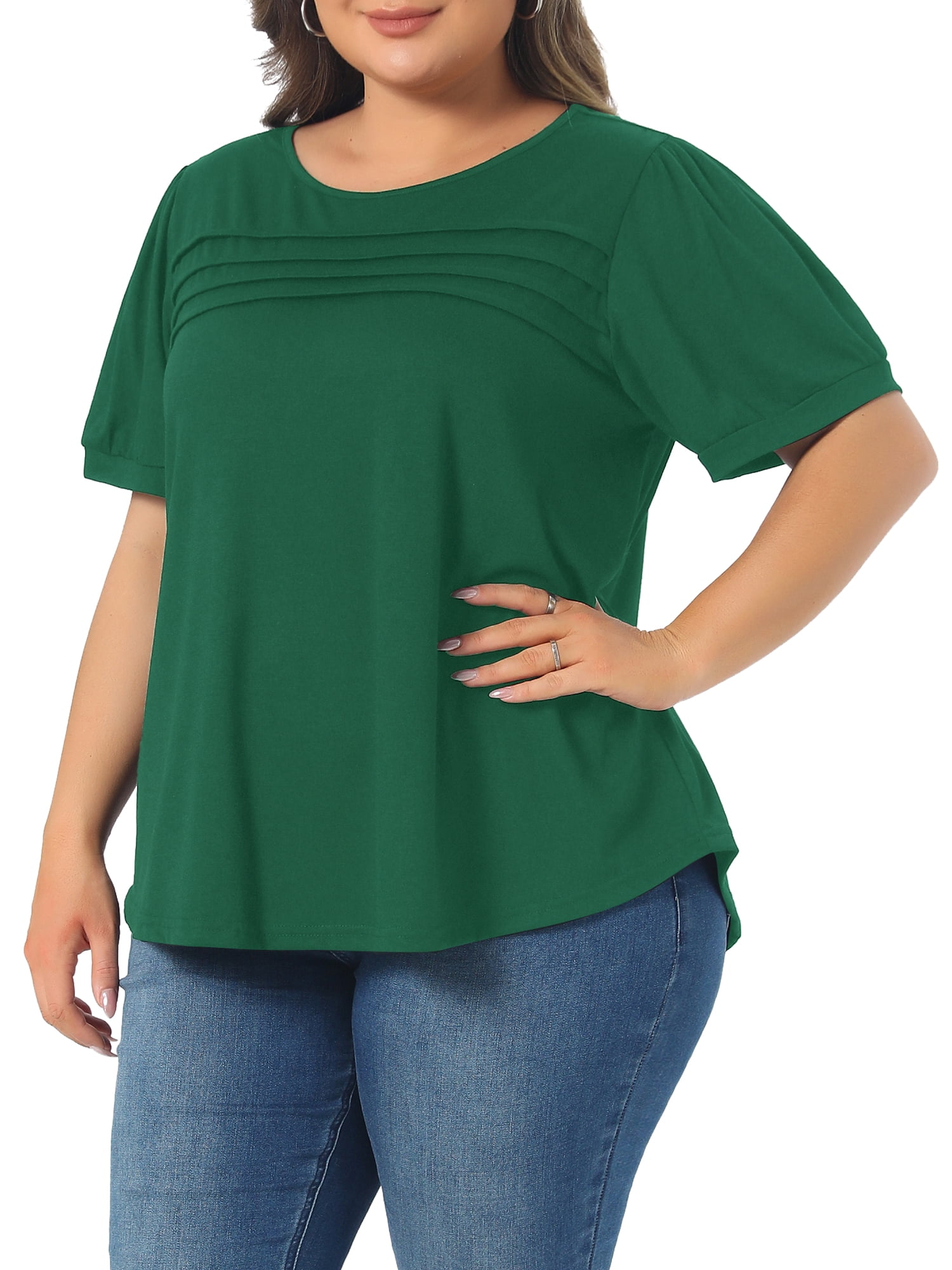 DARING DIVA Women's Plus  Crew Neck Pleated Casual Crew Neck Tunic Blouse 3X Dark Green