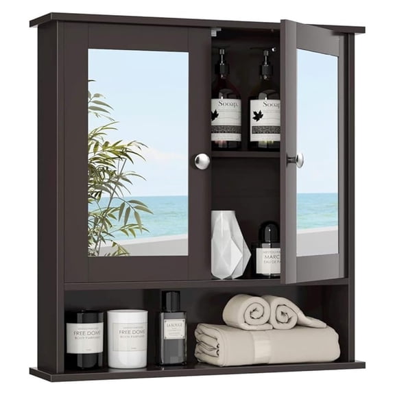Wall Bathroom Cabinet with Mirror - Wood Over The Toilet Storage Cabinet Space Saver w/2 Doors, Adjustable Shelf & Open Compartment, Modern Wall Mount Medicine Cabinet (Brown)