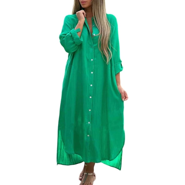 Kcodviy Robe Chemise Unie pour Femme Robes d'Enseignante Jupe Longue Décontractée Longue Midi Robe d'Été Manche Cardigan Robe