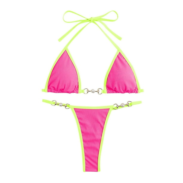 Conjuntos de bikini Prolriy para mujer, bikini de verano, tela cómoda, traje de baño de playa, conjunto de traje de baño dividido para mujer, trajes de baño para mujer, rosa fuerte M