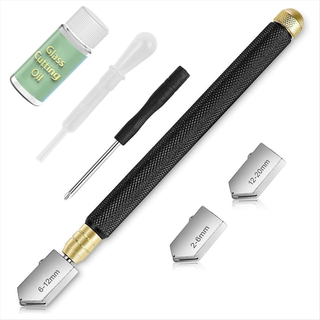 cortador de 2 mm a 20 mm y aceite para corte de vidrio, cortador de vidrio mejorado con alimentación automática de aceite; kit cenital con mango de aleación negro antideslizante texturizado y cabezal dorado, tres cabezas de corte de carburo marcadas 2-6 mm, 6-12 mm y 12-20 mm, frasco de aceite con gotero y destornillador. Diseñado para corte preciso de espejos, azulejos y vitrales; la alimentación automática de aceite mantiene la rueda lubricada para un corte más suave y el set es adecuado para proyectos de bricolaje y mosaicos domésticos.