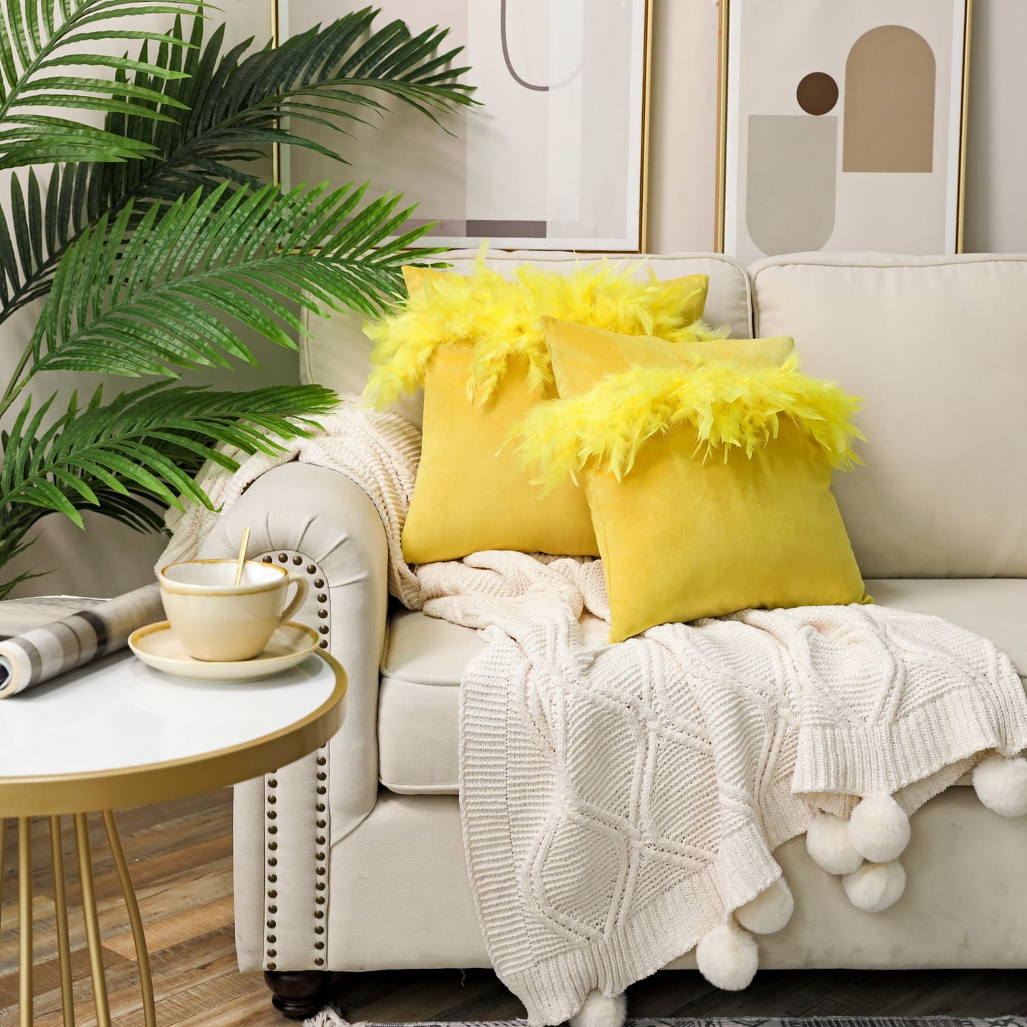 Phantoscope Feather Velvet Decorative Throw Pillows, 18 x 18 in, Yellow, 2 Pack