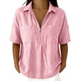 thumbnail image 3 of VBVC Women's Cotton-Linen Half-Zip Collared Shirt,Ladies Short Sleeve Pocketed Casual Blouse,Loose Fit Lightweight Summer Top for Women,Pink,S-2XL, 3 of 8