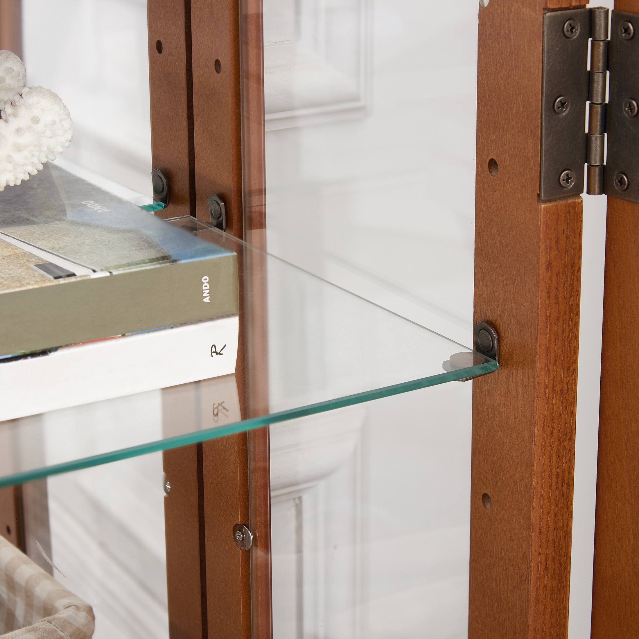 Noble House Fairfax Lighted Curio Cabinet with Mirrored Back, Glass Doors and Adjustable Shelves, Home Office, Dark Oak
