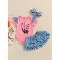 thumbnail image 2 of Kiapeise Infant Baby Girl Summer Skirt Outfits Short Sleeve Romper Denim Ruffle Layered Mini Skirts Set with Headband, 2 of 9