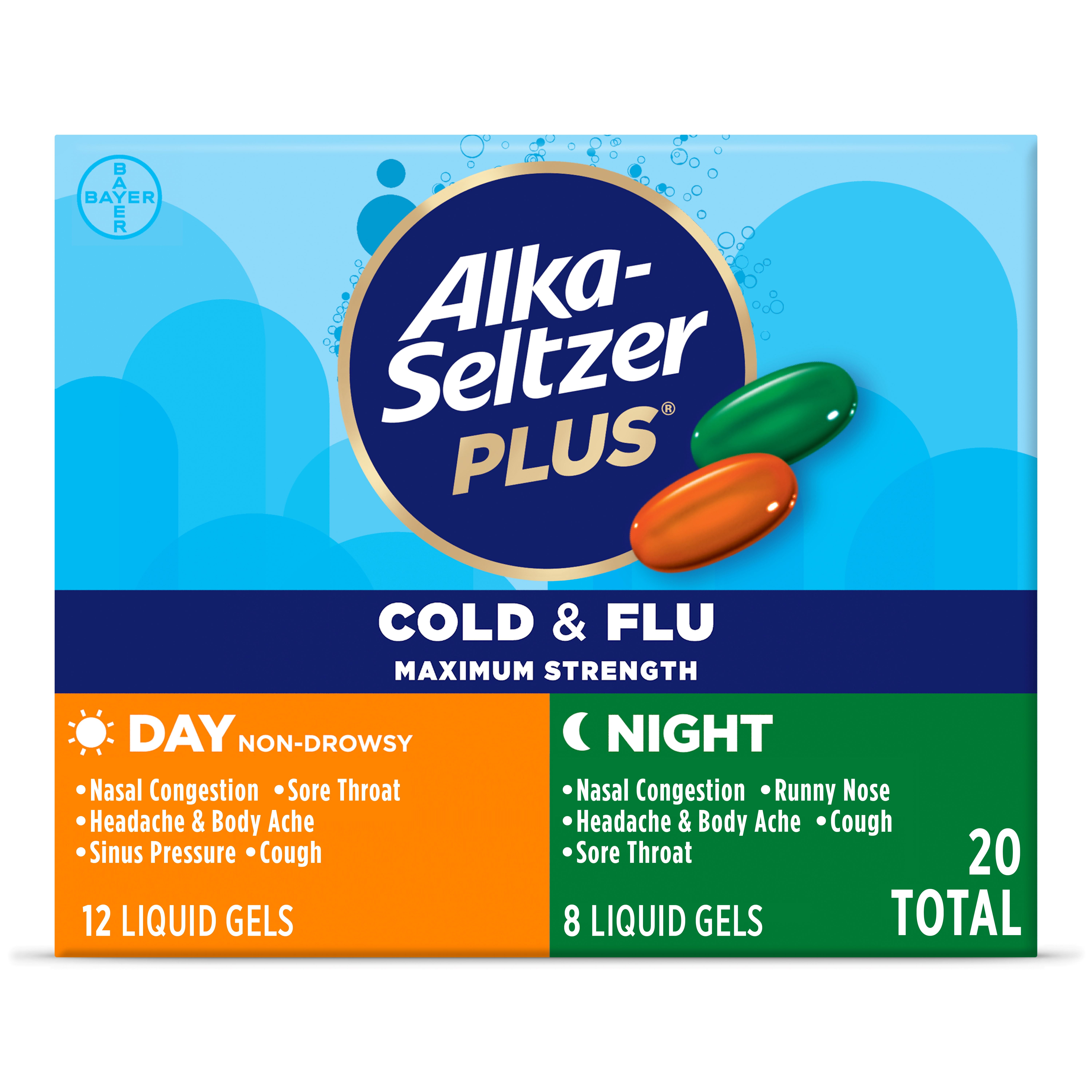 Alka-Seltzer Plus Maximum Strength Cold & Flu Medicine, Day + Night, Liquid Gels, 20 Count