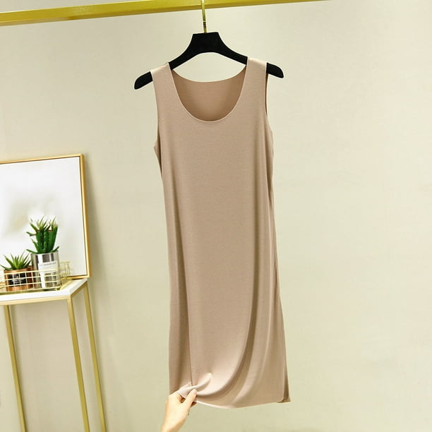 Camisón largo de poliéster para mujer, sin mangas, cuello redondo, color liso, holgado, para el hogar