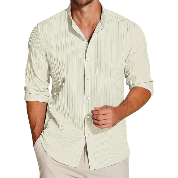 Lumtrix Men's Cotton Linen Shirts Casual Button Down Long Sleeve Dress Shirts Textured Business Wrinkle-Free Regular Fit Shirts Beige 3XL