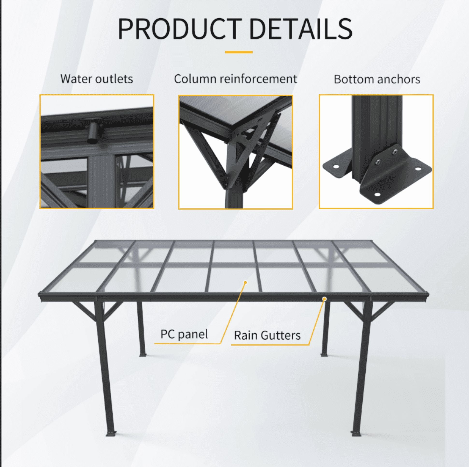 CarButler 16x8x10ft Outdoor Metal Carport Heavy Duty Carport with Aluminum alloy frame and Polycarbonate Panels for Driveway Car, Truck