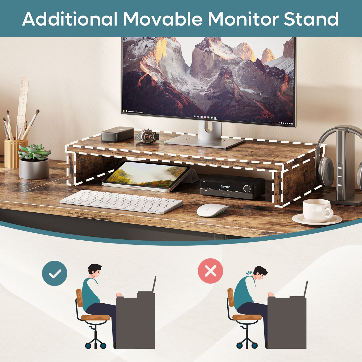 Bestier 55 inch L-Shaped Lift Top Desk with Storage, Sit to Stand Computer Desk with Monitor Stand & File Drawer in Rustic Brown