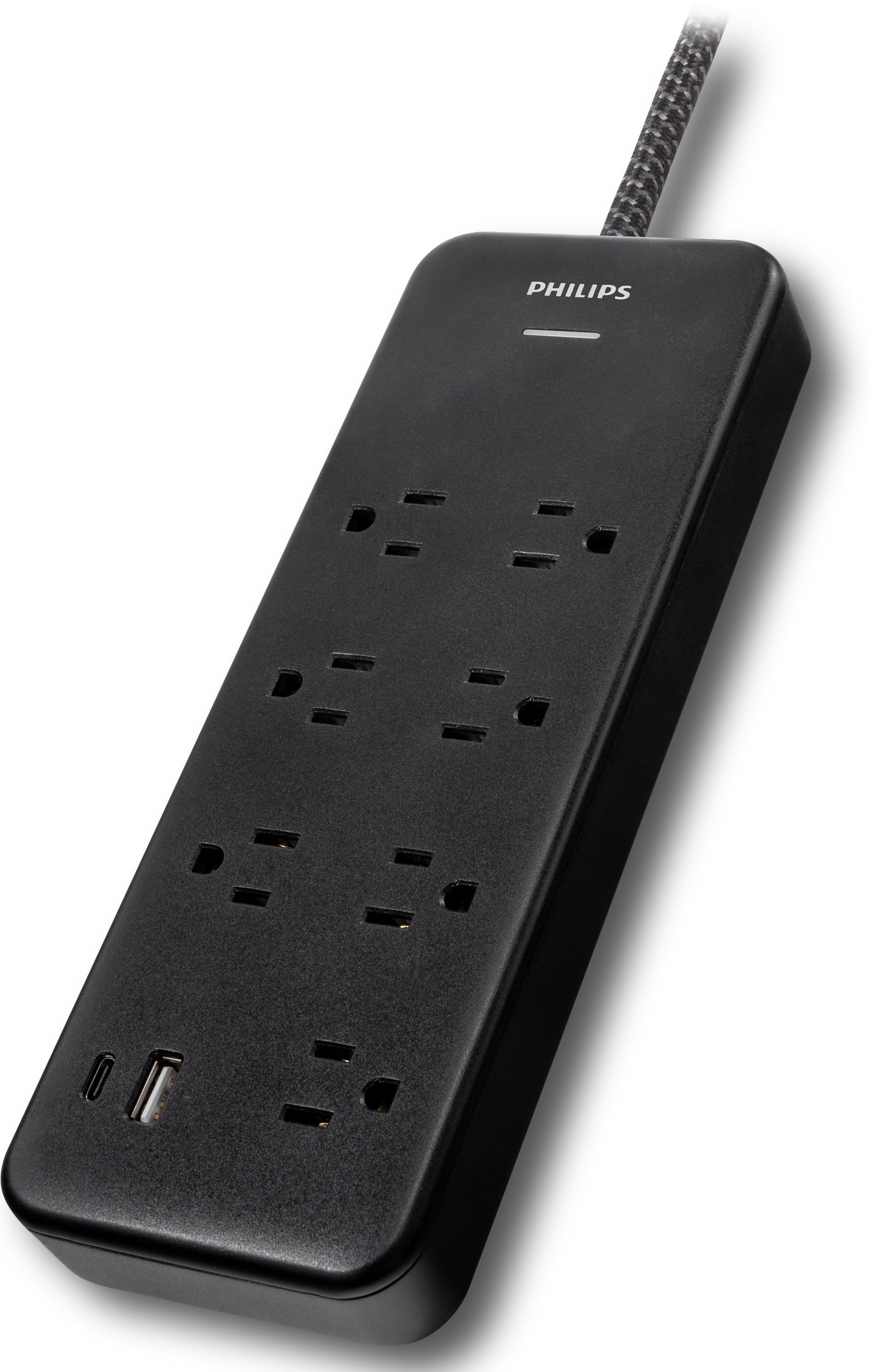 Philips 6-ft 7-Outlet Surge Protector, 7 Outlet, 1 USB-A, 1 USB-C, 15W, 1500J, Braided Cord, Black