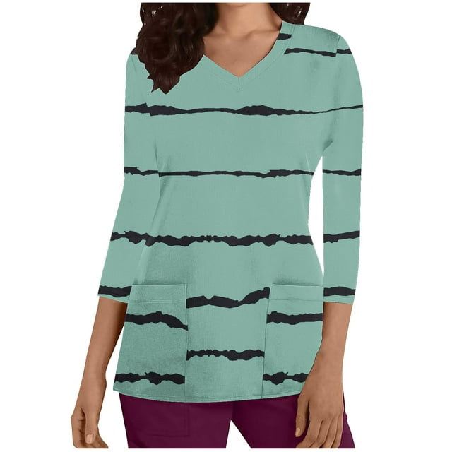Cameland Hauts d'Uniforme de Travail pour Femmes à Rayures, Manches 3/4, Col en V, Blouse de Travail avec Poches