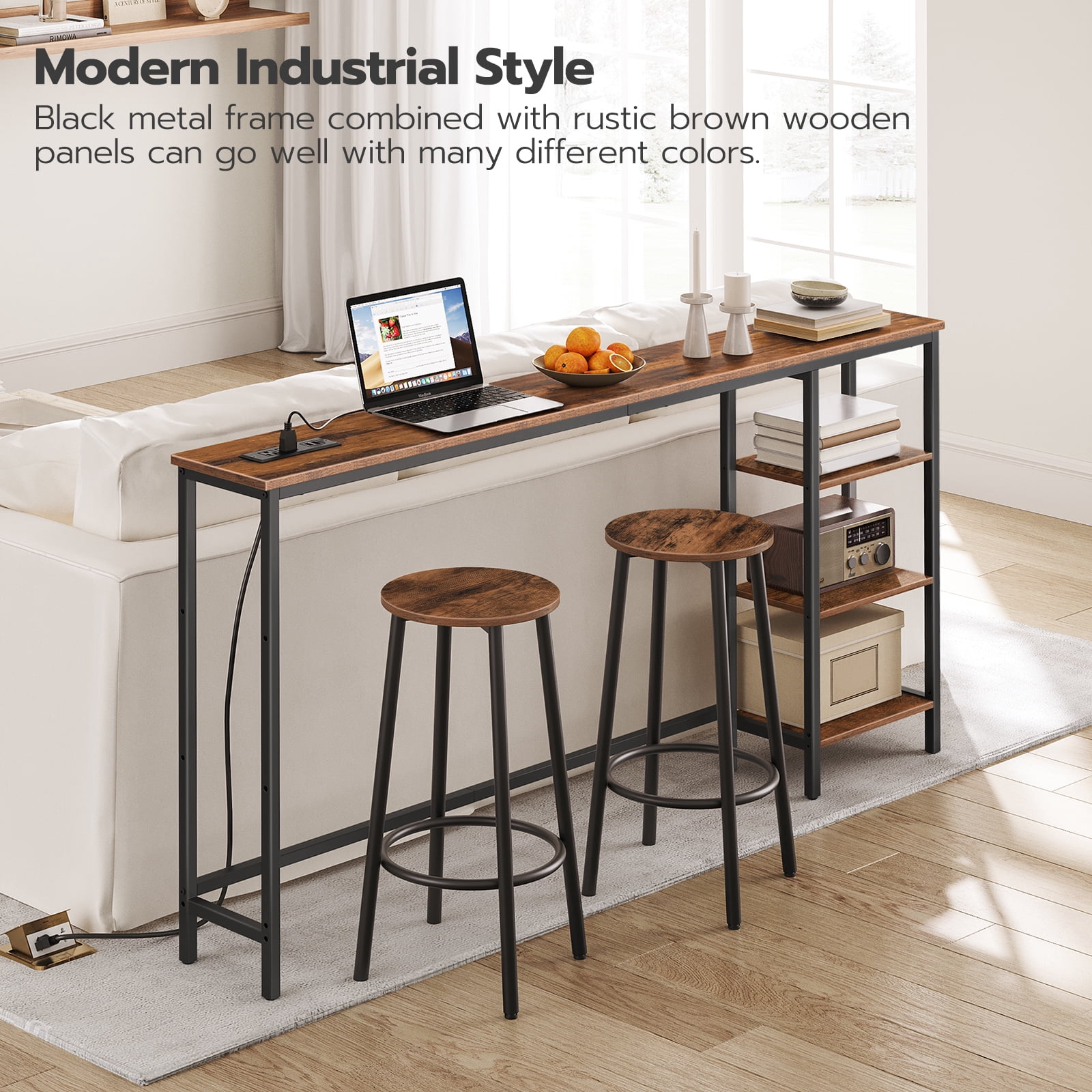HOOBRO Console Table with Power Outlet, 63" Behind Sofa Table with Shelves, Narrow Entryway Table with Storage, Couch Table for Living Room, Hallway, Rustic Brown and Black BF164UXG01