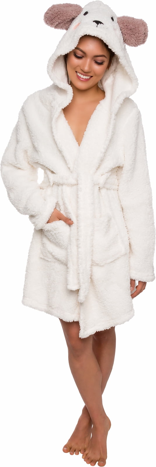 Plush Short Lamb Bathrobe Silver Lilly Womens Animal Hooded Robe