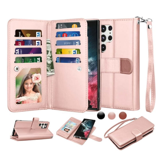 6.8" Galaxy S22 Ultra 5G Wallet Case, Samsung Galaxy S22 Ultra 5G 2022 PU Leather Case, Njjex Luxury PU Leather 9 Card Slots Holder Carrying Folio Flip Cover Kickstand & Hand Strap