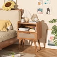 thumbnail image 3 of LELELINKY Mid Century Nightstand with Rattan Accents, Bedside Table with Drawer and Open Shelf, Solid Wood Legs, Tea Color, 3 of 7