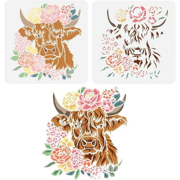 2pcs Layered Floral Cow Painting Stencil 11.8x11.8 inch Reusable Peony Flower Bundle Cow Drawing Template Farm Animal Stencil