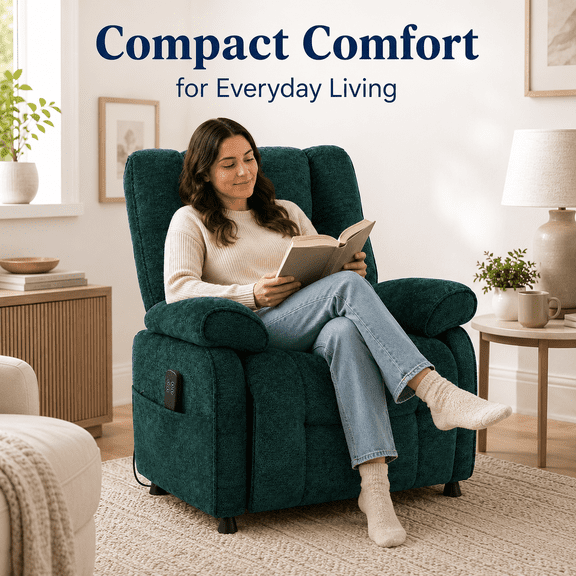 Electric recliner with remote control, blue electric recliner with side pockets. Small recliner for adults, mini recliner for bedroom and living room.