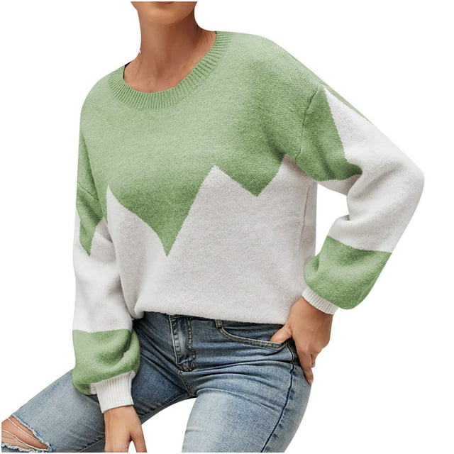 IROINID Chandail pour Femmes Col Rond Chandail Bloc de Couleur Ample Longueur Courte Manches Longues Tricot