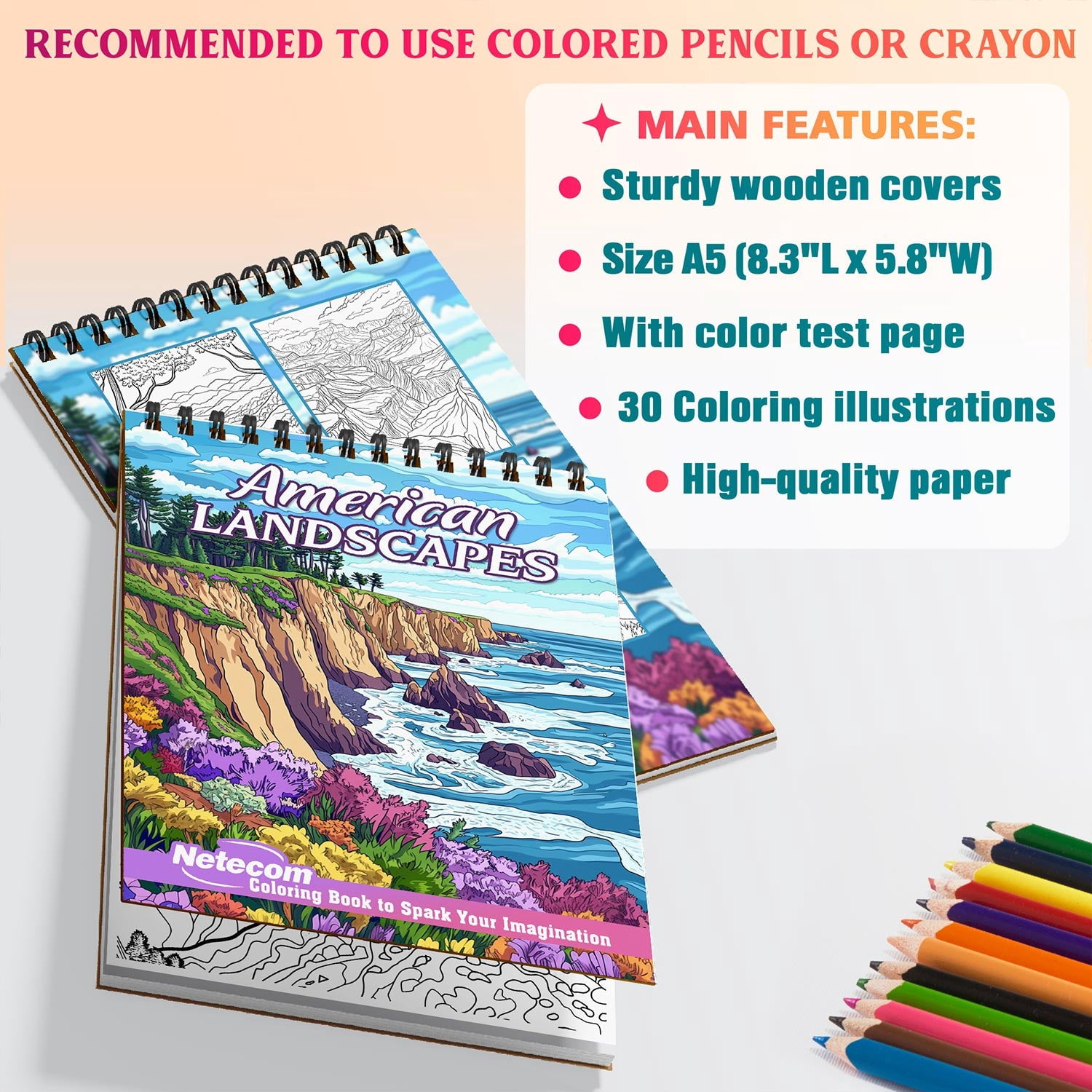 Netecom American Landscapes Coloring Book Spiral Bound for Adults, A5 Wooden Cover, 30 Tranquil Coloring Pages of Nature Scenes in America for Stress Relief and Relaxation