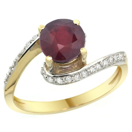 - 14k Yellow Gold Natural Enhanced Ruby Swirl Design Ring Diamond Accent Round 6mm, 1/2 inch wide