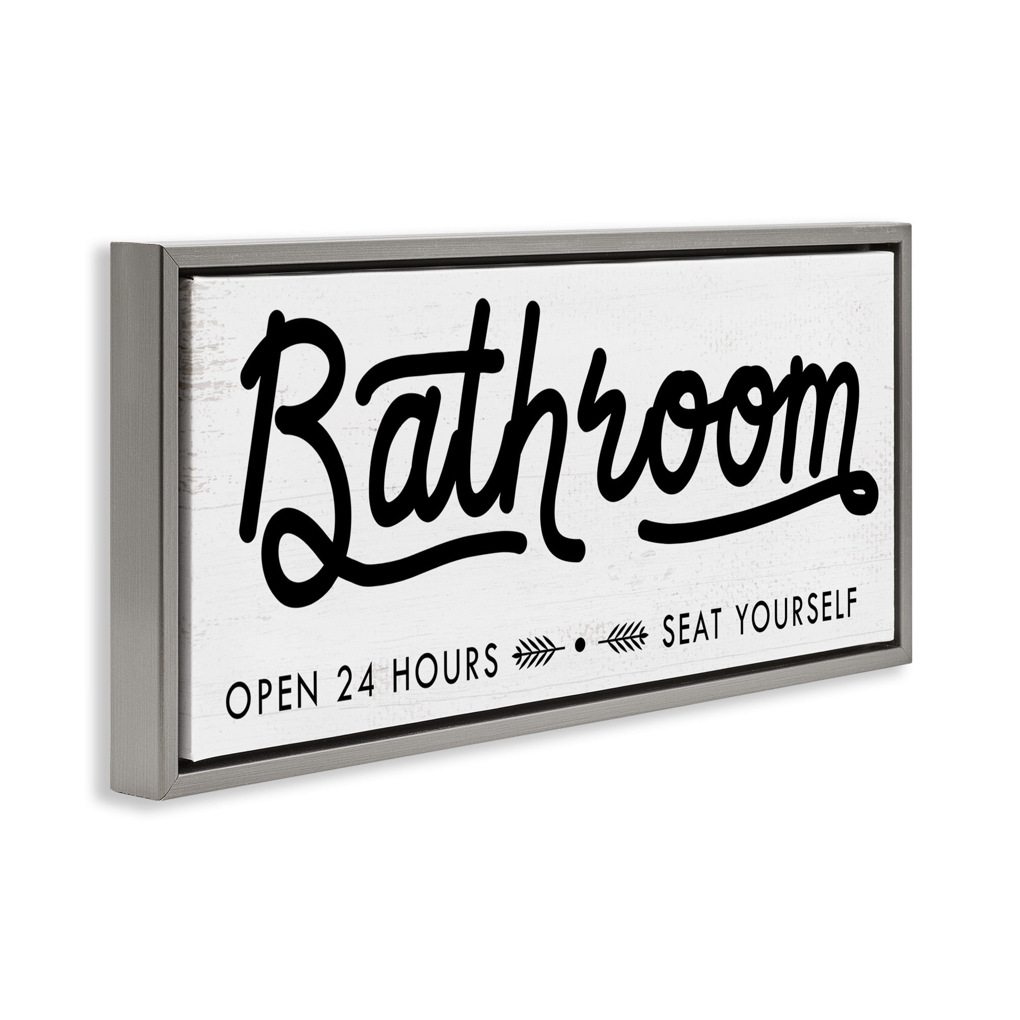 Stupell Industries Seat Yourself Bathroom Sign Typography Painting Gray Floater Framed Canvas Art Print Wall Art, 31 x 14
