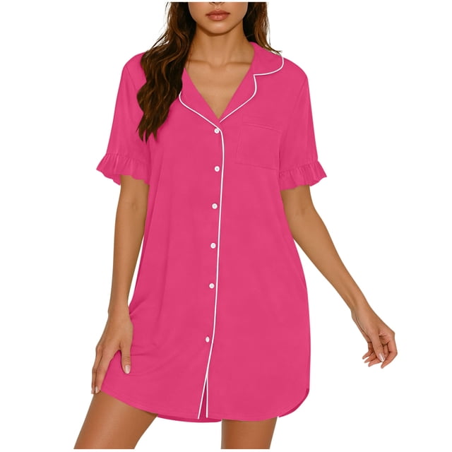 Ltctricy Nightgowns for Women Ruffle Short Sleeve Notched Collared Curved Hem Button down Sleep Shirts Soft Mini Sleep Dress