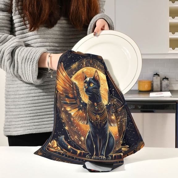 BZSMCE Kitchen Towels Creative Black Wing Cat Pattern Durable Kitchen Towel