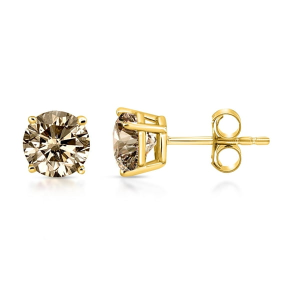 1 Carat Total Weight (cttw) Brown Diamond Studs - 14K Yellow Gold Earrings for Women
