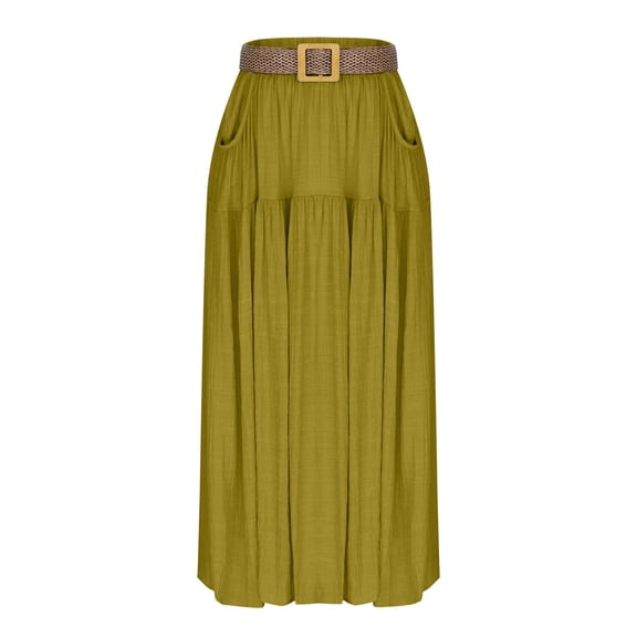 Womens Boho Maxi Skirt Summer Casual High Waist A-Line Flowy Long Skirt with Pockets Belt for Beach Vacation Green S