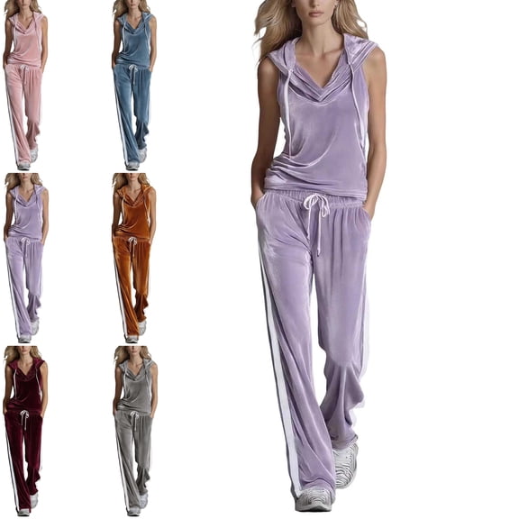 MLCDZ Women's Velvet 2 Piece Set Elegant V Neck Hooded Sleeveless Top and Elastic Waist Loose Fit Pants with Pockets Jogging Sets Velour Tracksuit 2000s