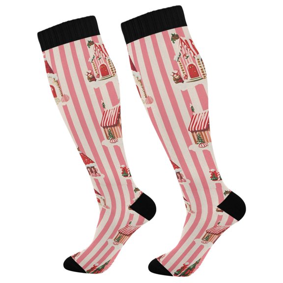 FORMRS Womens Knee High Socks Casual Long Thick Travel Daily Wear, 1 Pair, White Gingerbread Houses