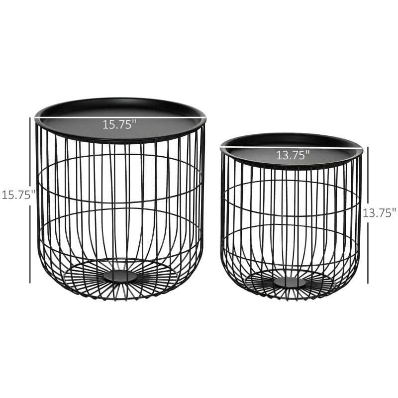 HOQBN Coffee Table Set, Nest of Coffee Tables with Steel Wire Basket Body and Removable Top for Living Room, Black