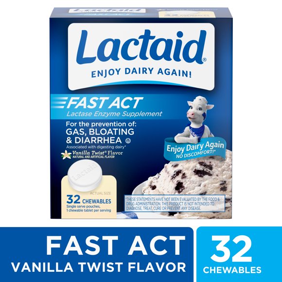 Lactaid Fast Act Lactose Relief Chewables, Vanilla, 32 Packs of 1 ct