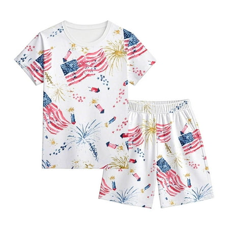 Landzoo Toddler Boys Girls Outfit Set American Flag Print Short Sleeve Crew Neck Homewear With Graphic Print Shorts Outfit Summer Casual Boys Set Size 4-5 Years Red