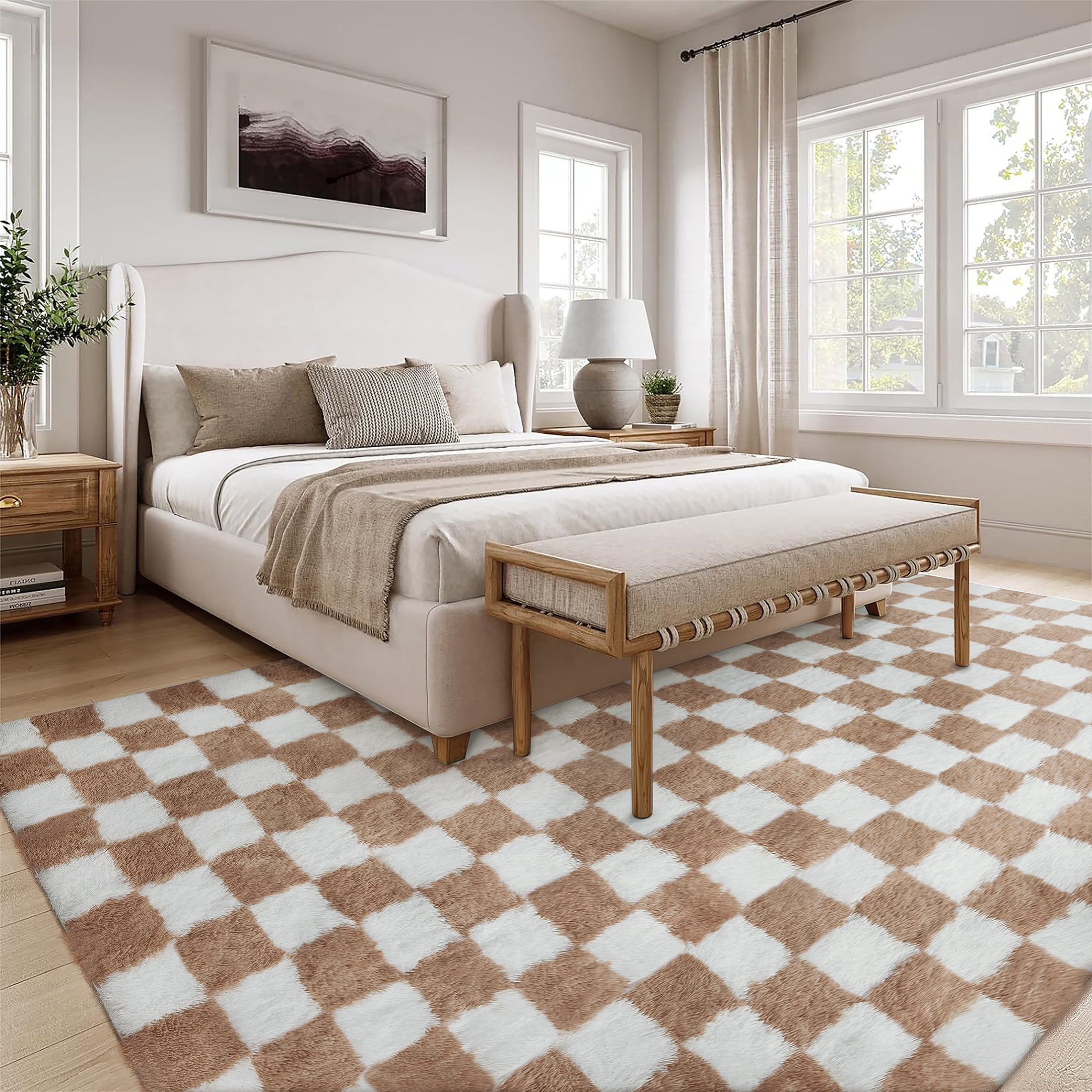 BERTHMEER 9'x12' Shag Area Rugs for Living Room Bedroom Bedroom Fluffy Rugs Geometric Checkered Contemporary Rugs Carpets,Brown White