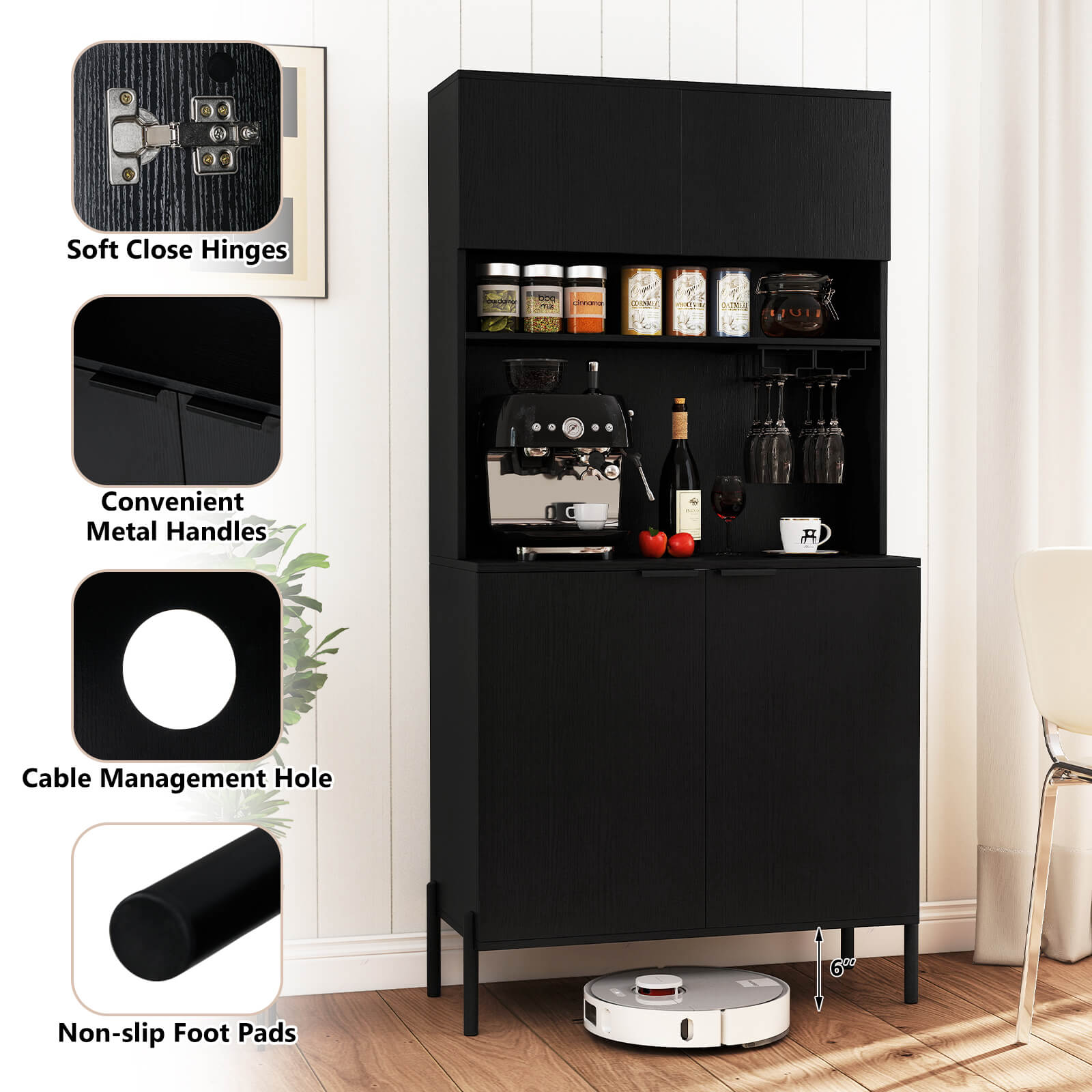 Costway 64.5” Kitchen Pantry Cabinet with Charging Station Wine Glass Rack Adjustable Shelf Black