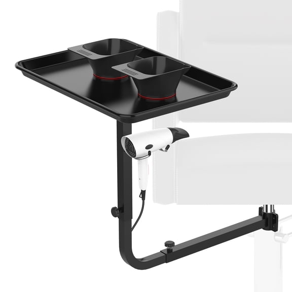 Salon Metal Tray Attached to Chair, 360 Degree Rotation Barber Chair Tray for Hairdressing Tools, Fully Adjustable Hairstylist Tray with 2 Magnetic Bowls，Holder