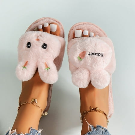 

AXXD Sandals Women Cotton Slippers Winter Plush Thick Bottom Cotton Slippers Cute Indoor And Outdoor One-word Cartoon Home Furry Slippers(5.5 Pink)
