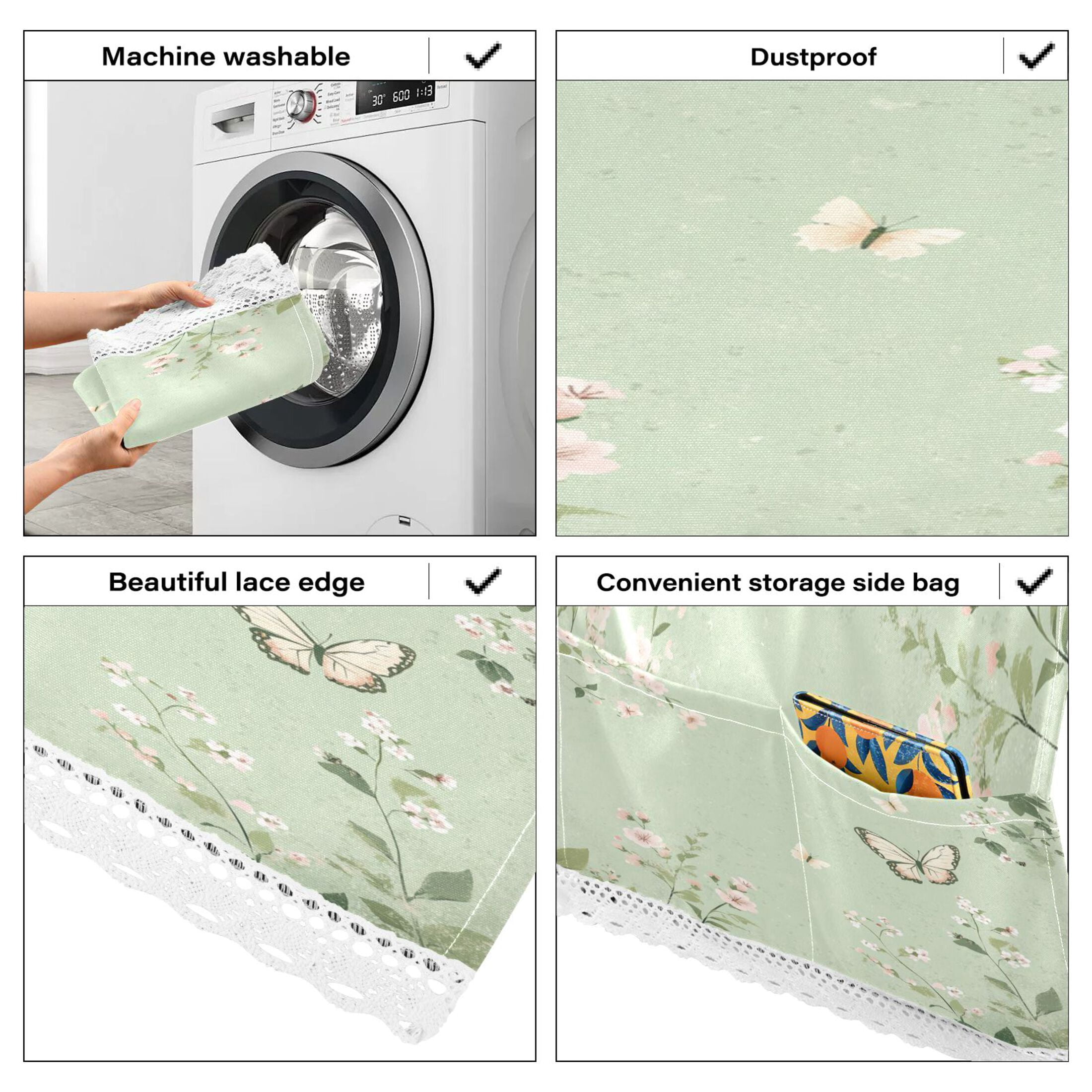Butterfly Print with Pastel FlowersWasher and Dryer Covers Dust-Proof and Oil Resistant Fridge Cover with 4 Storage Pockets Washing Machine Top Cover for Laundry Kitchen Home 51.2 x 22 In
