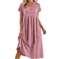 thumbnail image 5 of yardsong Long Dress for Women V Neck Casual Maxi Dresses House Dress Short Sleeve Dressy Loose Fit Vacation Sundress with Pockets Pink,M, 5 of 7