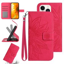 Flip Wallet Cover Case for iPhone 13 Pro Phone, Premium PU Leather Embossed Sunflower Shockproof Wrist Strap Lanyard Slim Case for iPhone 13 Pro, Rose