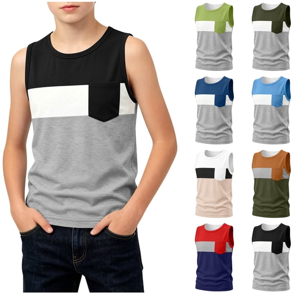 Asxite Toddler Boys Tank Top Contrast Color Pocket Sleeveless Crew Neck Casual Summer Blouses 3-14Y