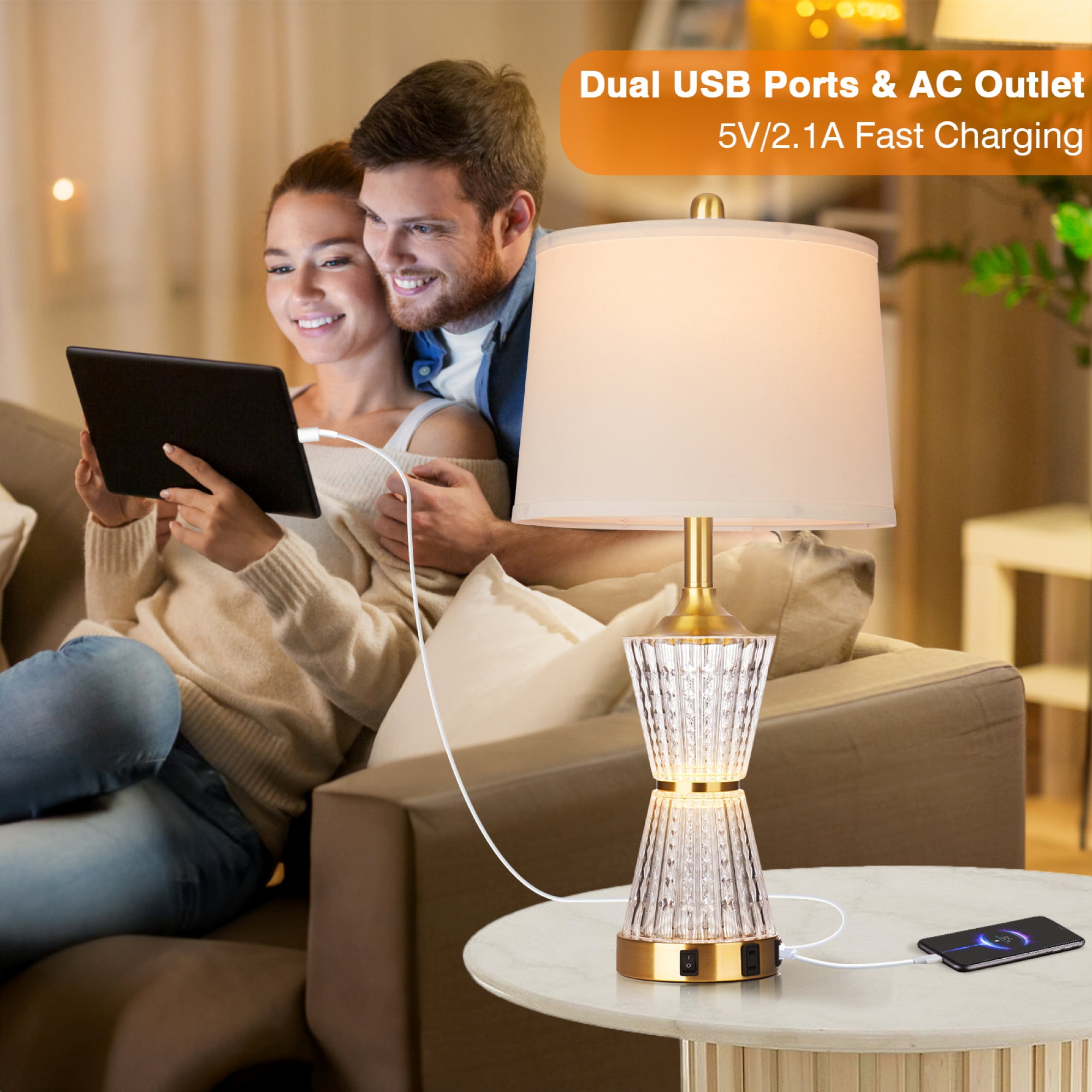Cinkeda Gold Acrylic Night-light Table Lamp 2in1 with 2 USB Charging Ports An AC Outlet Rotary Switch & Rocker Switch (Set of 2)