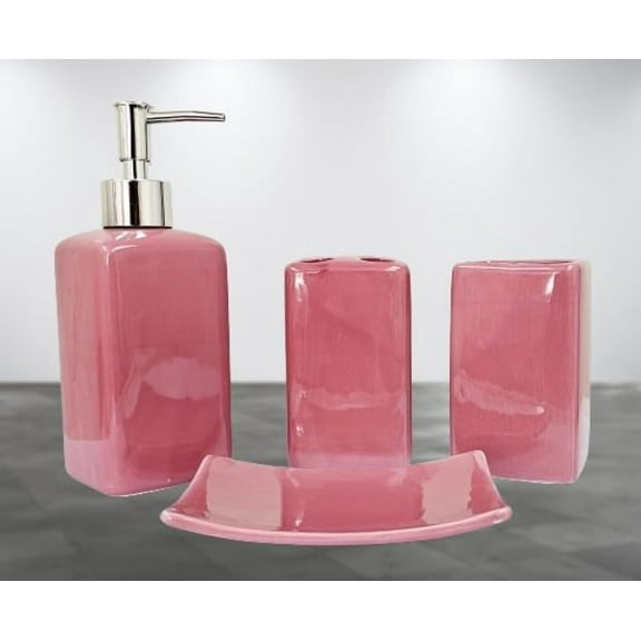4 Pieces Bathroom Countertop Set Ceramic Accessories Solid Colors Soap Dispenser Soap Dish Toothbrush Holder Toothpaste Holder (Hot Pink)