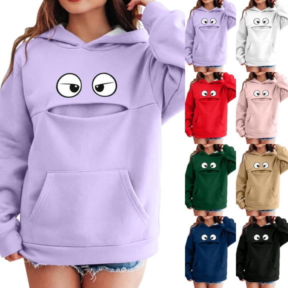 Girls Cat Pouch Hoodie,Pet Carrier Hoodies with Pocket,Funny Print Pullover Hooded Sweatshirt,Cozy Long Sleeve Hoodies for Girls