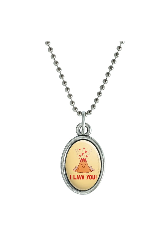 I Lava You Love Volcano Funny Humor Antiqued Oval Charm Pendant with Chain