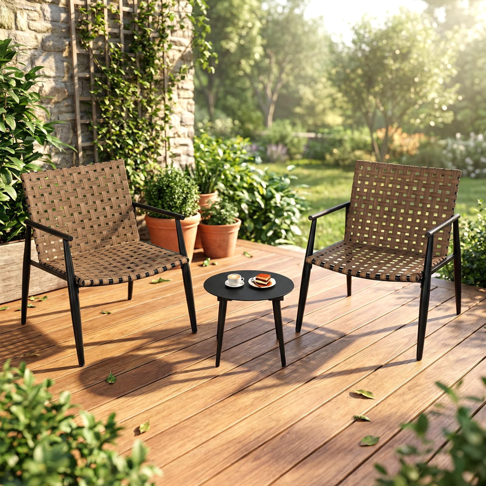 Tappio 3 Piece Outdoor Wicker Bistro Furniture Set, PE Rattan Chairs Porch Furniture Set with Glass Table for Yard Garden Balcony